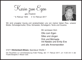 Traueranzeige von Karin  zum Egen von Siegener Zeitung