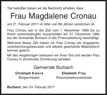 Traueranzeige von Magdalene Cronau von Siegener Zeitung