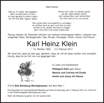 Traueranzeige von Karl Heinz Klein von Siegener Zeitung