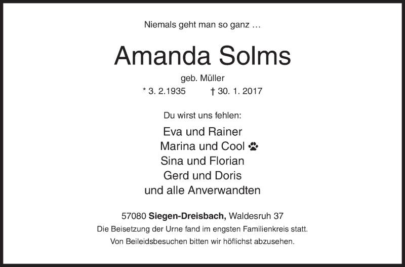  Traueranzeige für Amanda Solms vom 07.02.2017 aus Siegener Zeitung