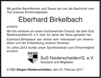 Traueranzeige von Eberhard Birkelbach von Siegener Zeitung