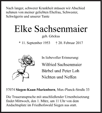 Traueranzeige von Elke Sachsenmaier von Siegener Zeitung