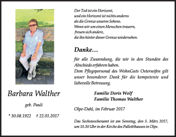 Traueranzeige von Barbara Walther von Siegener Zeitung