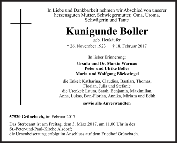 Traueranzeige von Kunigunde Boller von Siegener Zeitung
