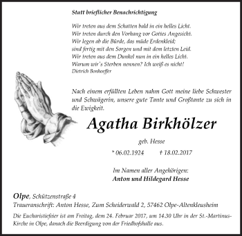 Traueranzeige von Agatha Birkhölzer von Siegener Zeitung