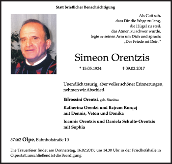Traueranzeige von Simeon Orentzis von Siegener Zeitung