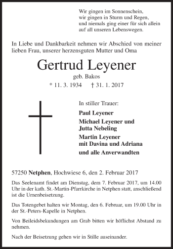 Traueranzeige von Gertrud Leyener von Siegener Zeitung