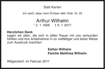 Traueranzeige von Arthur Wilhelm von Siegener Zeitung