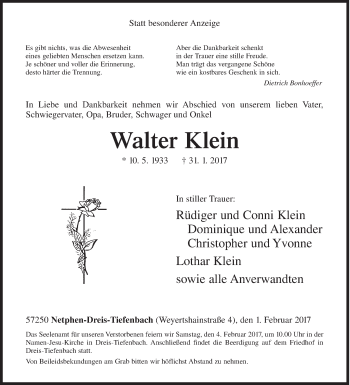 Traueranzeige von Walter Klein von Siegener Zeitung