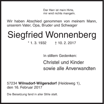 Traueranzeige von Siegfried Wonnenberg von Siegener Zeitung