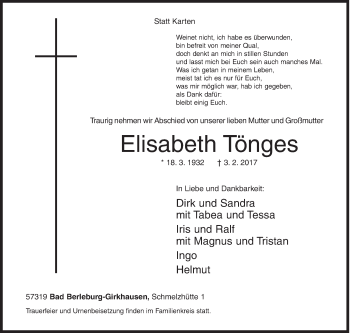 Traueranzeige von Elisabeth Tönges von Siegener Zeitung