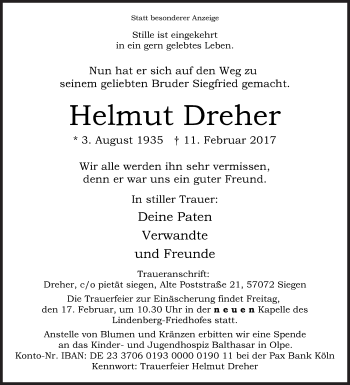 Traueranzeige von Helmut Dreher von Siegener Zeitung