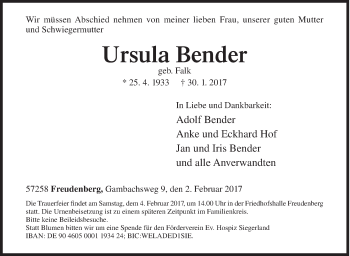 Traueranzeige von Ursula Bender von Siegener Zeitung