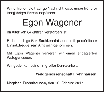 Traueranzeige von Egon Wagener von Siegener Zeitung