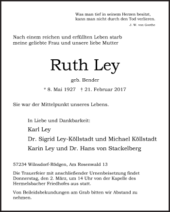 Traueranzeige von Ruth Ley von Siegener Zeitung