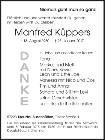 Traueranzeige von Manfred Küppers von Siegener Zeitung