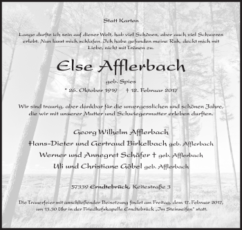 Traueranzeige von Else Afflerbach von Siegener Zeitung