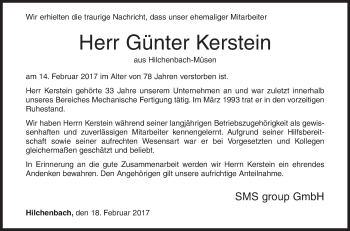 Traueranzeige von Günter Kerstein von Siegener Zeitung