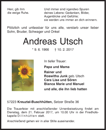 Traueranzeige von Andreas Utsch von Siegener Zeitung