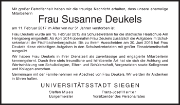 Traueranzeige von Susanne Deukels von Siegener Zeitung