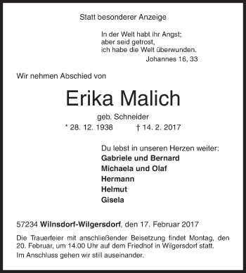 Traueranzeige von Erika Malich von Siegener Zeitung