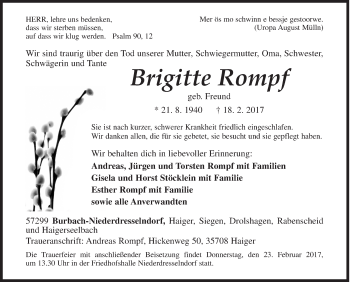 Traueranzeige von Brigitte Rompf von Siegener Zeitung