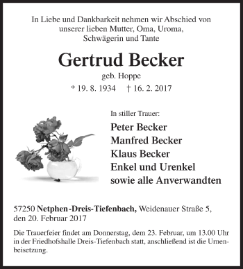 Traueranzeige von Gertrud Becker von Siegener Zeitung