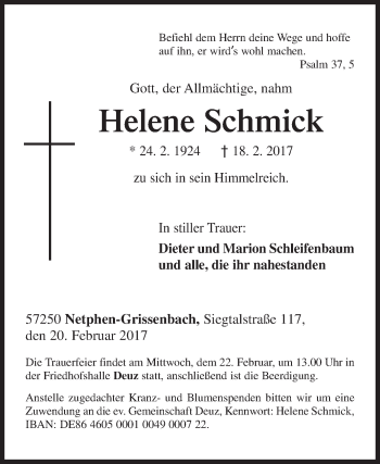 Traueranzeige von Helene Schmick von Siegener Zeitung