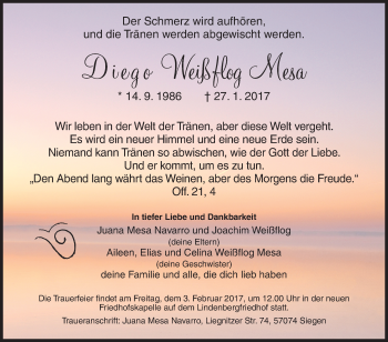 Traueranzeige von Diego Weißflog Mesa von Siegener Zeitung