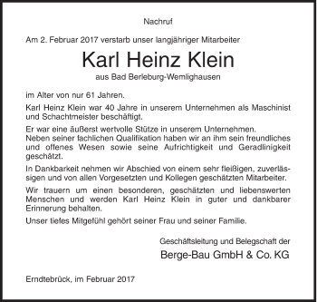 Traueranzeige von Karl Heinz Klein von Siegener Zeitung
