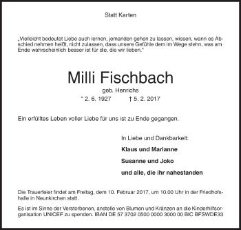 Traueranzeige von Milli Fischbach von Siegener Zeitung