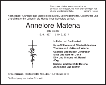 Traueranzeige von Annelore Matena von Siegener Zeitung