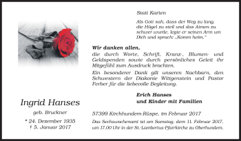 Traueranzeige von Ingrid Hanses von Siegener Zeitung