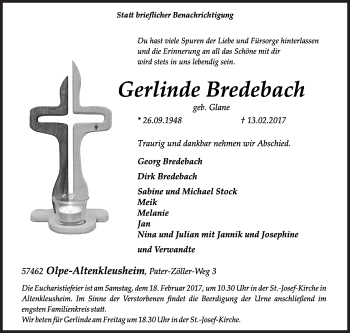 Traueranzeige von Gerlinde Bredebach von Siegener Zeitung