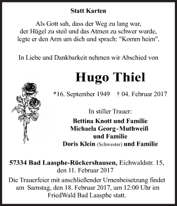 Traueranzeige von Hugo Thiel von Siegener Zeitung