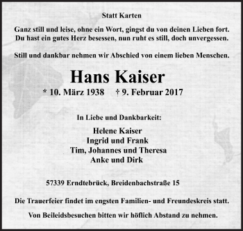 Traueranzeige von Hans Kaiser von Siegener Zeitung