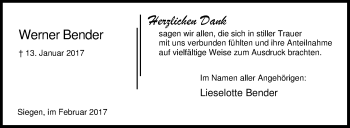 Traueranzeige von Werner Bender von Siegener Zeitung