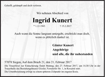 Traueranzeige von Ingrid Kunert von Siegener Zeitung