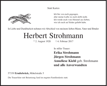 Traueranzeige von Herbert Strohmann von Siegener Zeitung