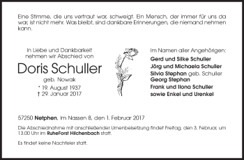 Traueranzeige von Doris Schuller von Siegener Zeitung