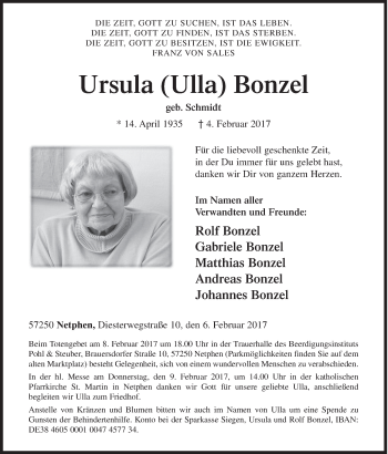 Traueranzeige von Ursula Bonzel von Siegener Zeitung