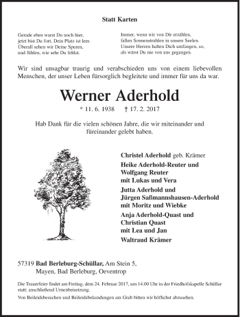 Traueranzeige von Werner Aderhold von Siegener Zeitung