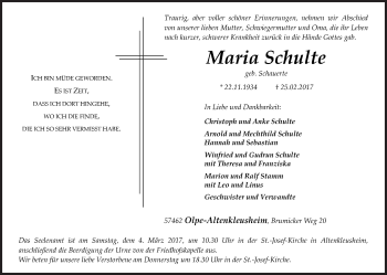 Traueranzeige von Maria Schulte von Siegener Zeitung