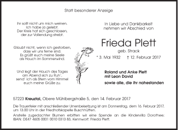 Traueranzeige von Frieda Plett von Siegener Zeitung