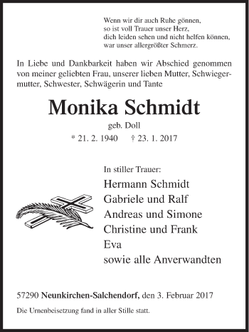 Traueranzeige von Monika Schmidt von Siegener Zeitung