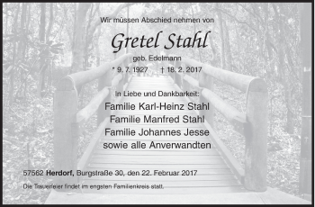 Traueranzeige von Gretel Stahl von Siegener Zeitung