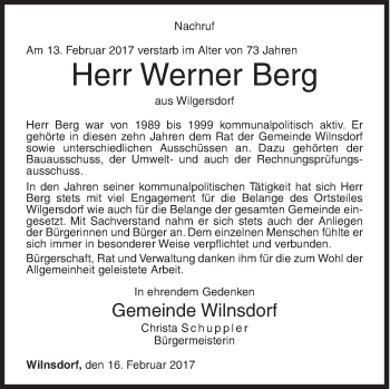 Traueranzeige von Werner Berg von Siegener Zeitung