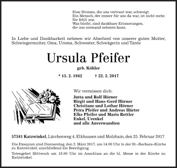 Traueranzeige von Ursula Pfeifer von Siegener Zeitung