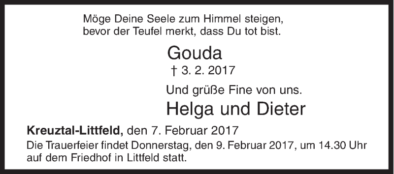  Traueranzeige für Gouda  vom 07.02.2017 aus Siegener Zeitung