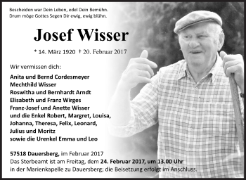 Traueranzeige von Josef Wisser von Siegener Zeitung